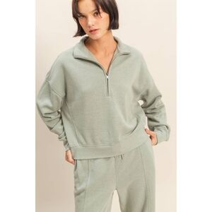 Sage Green Cotton Half-Zip Sweatshirt Top